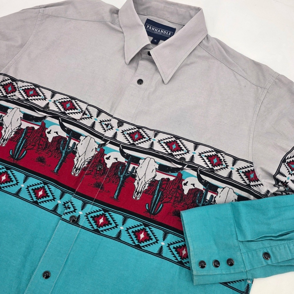 PANHANDLE SKULL CACTUS WESTERN SHIRT MENS XL GRAY TEAL COWBOY SNAP BUTTON EUC
